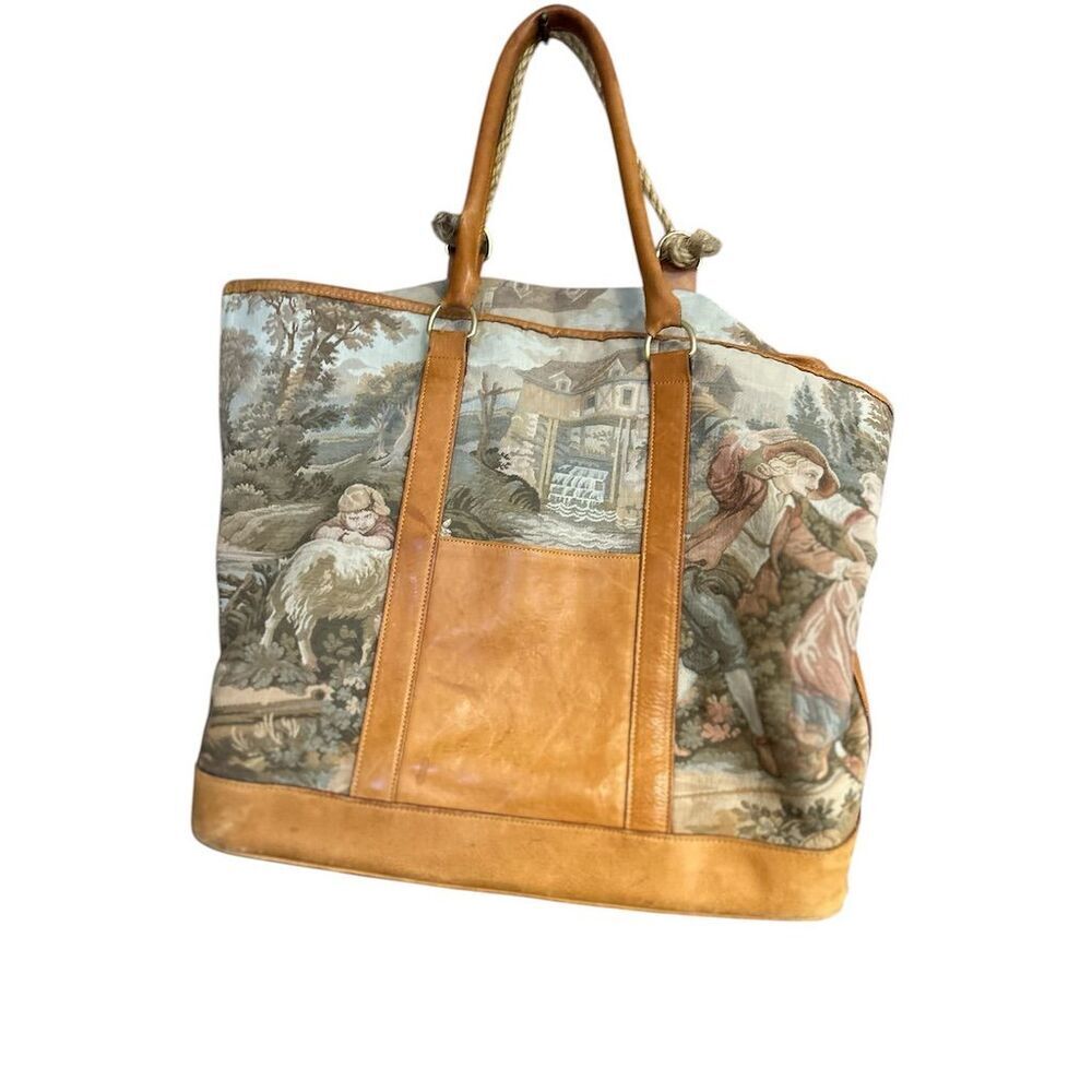 Vintage Tapestry Leather-Trim Tote in Tan and Multicolor